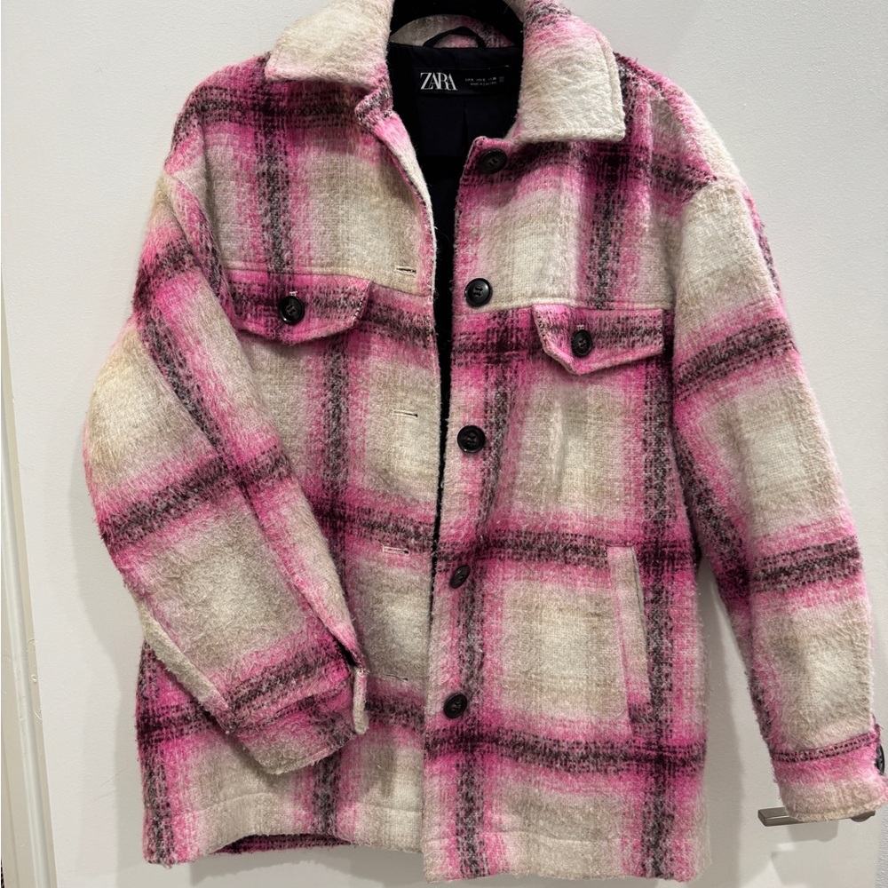 Zara Pink and Cream Plaid Jacket Size Small